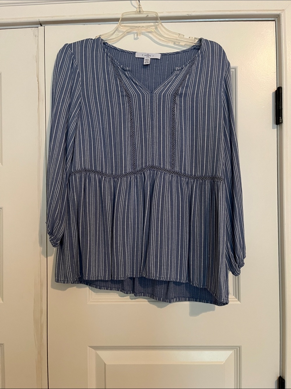 Fever Blue and White Vertical Stripe Peplum Top